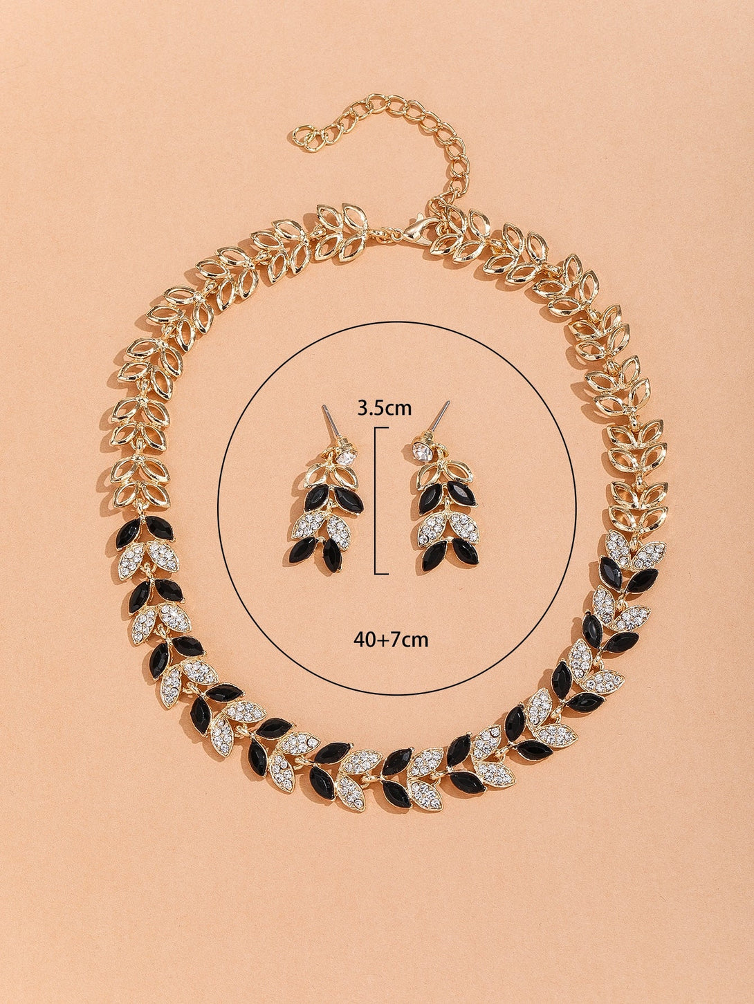 Rhinestone Decor Leaf Design Necklace & Drop Earrings - Negative Apparel