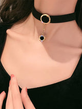 Rhinestone Decor Round Charm Choker Goth Punk Jewelry - Negative Apparel