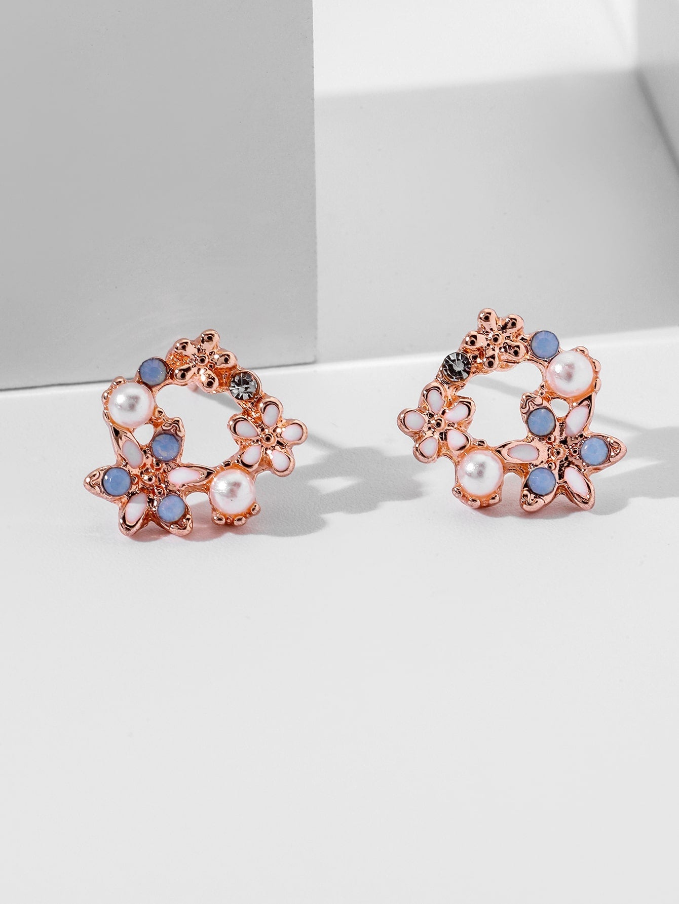 Rhinestone & Flower Decor Stud Earrings - Negative Apparel