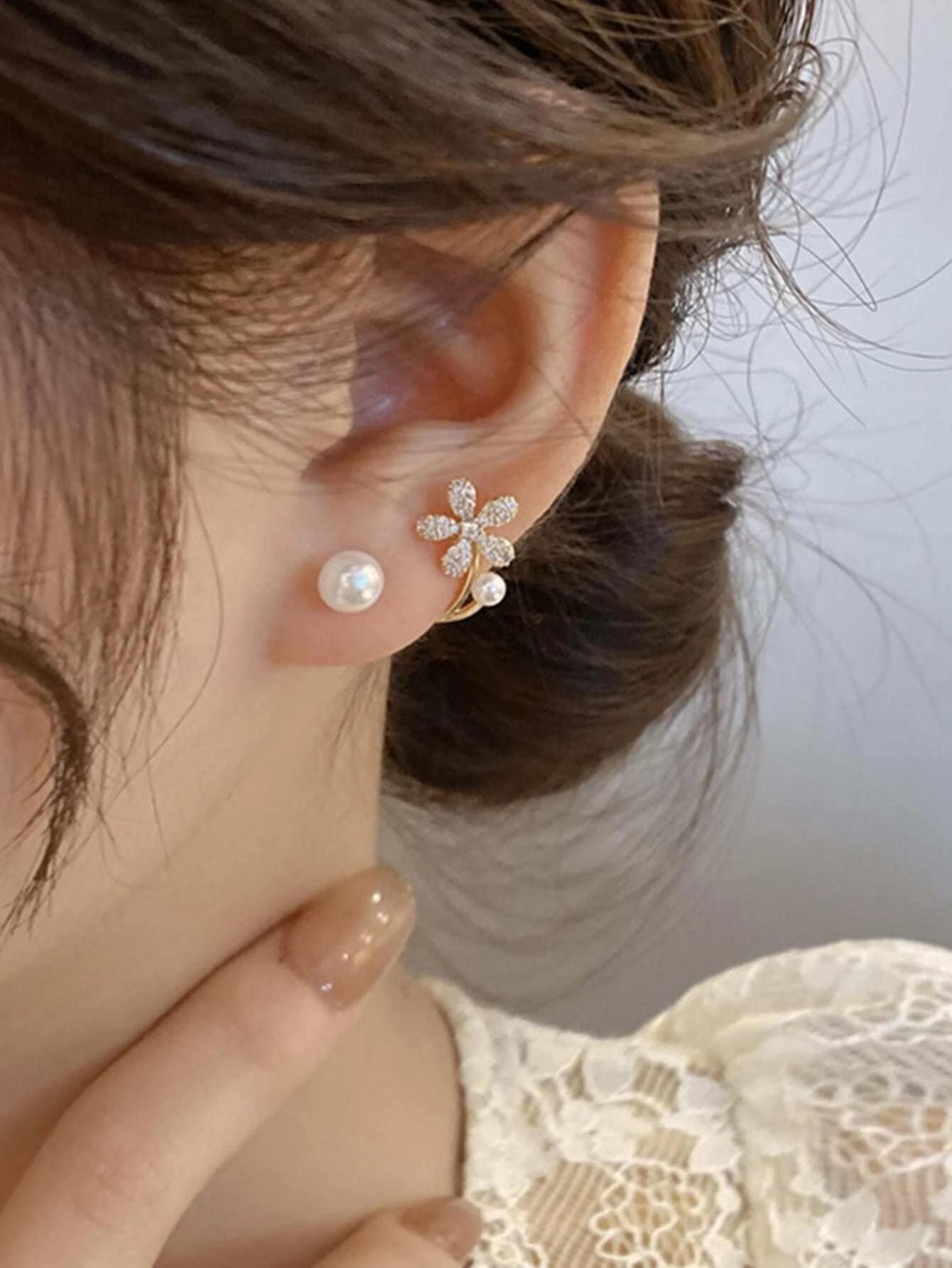 Rhinestone Flower & Faux Pearl Decor Earring Jackets - Negative Apparel