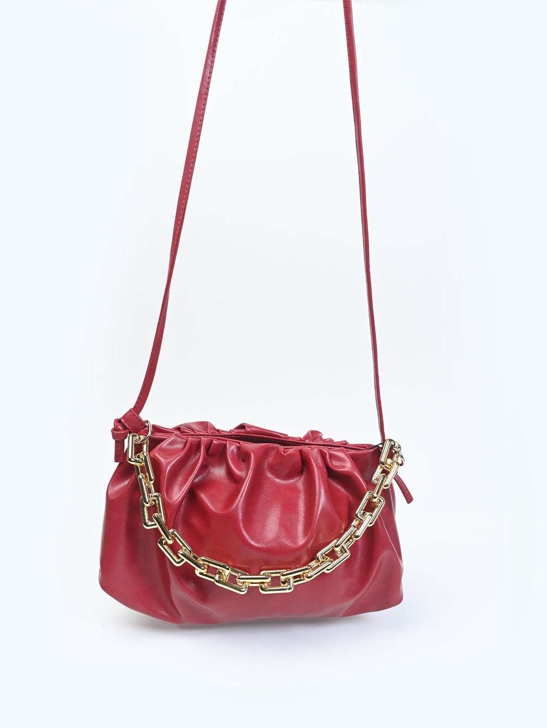 Ruched Detail Strapped Bag With Lock and Chain For Sale