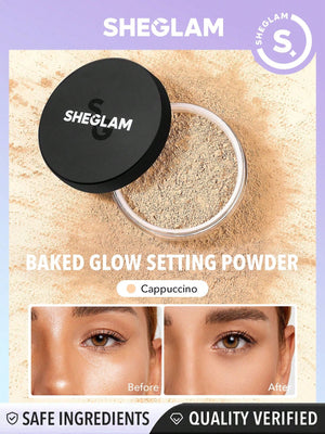 SHEGLAM Baked Glow Setting Powder-Cappuccino  Oil Control Loose Setting Powder Translucent Pore-less Flawless Smooths Fine Lines Glowy Powder Black Friday Winter Powder - Negative Apparel