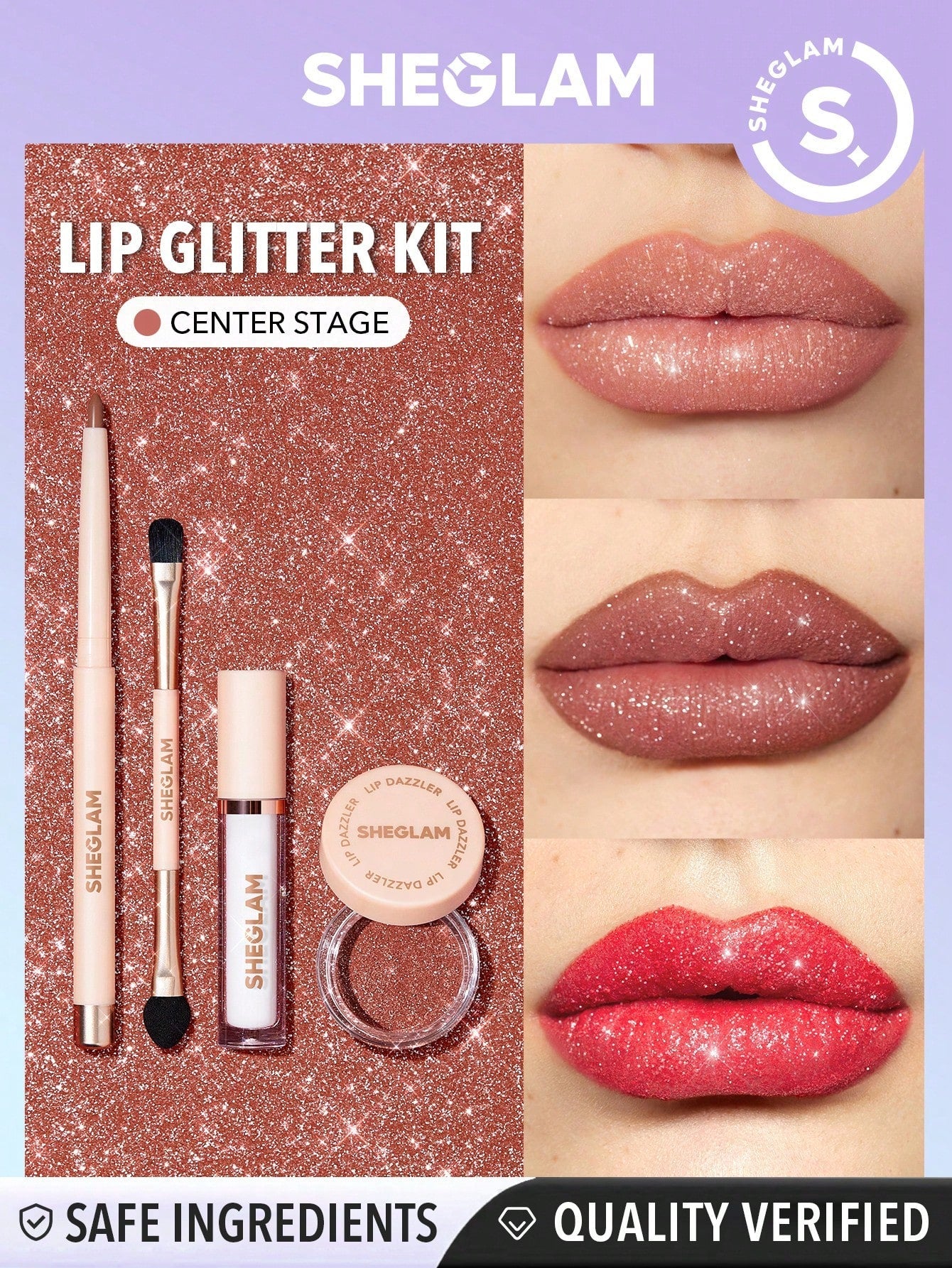 SHEGLAM Lip Dazzler Glitter Kit-Center Stage Long-Lasting Glitter Lip Gloss Sexy Super Stay Non-Sticky Shiny Liquid Kit Liquid Lipstick - Negative Apparel