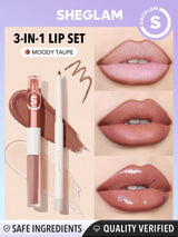 SHEGLAM Soft 90's Glam Lip Liner And Lip Duo Set-Moody Taupe Lip Set 3-In-1 Lip Makeup Plumping Lip Gloss Moisturizing Plant Extracts Long Lasting Liquid Lipstick - Negative Apparel