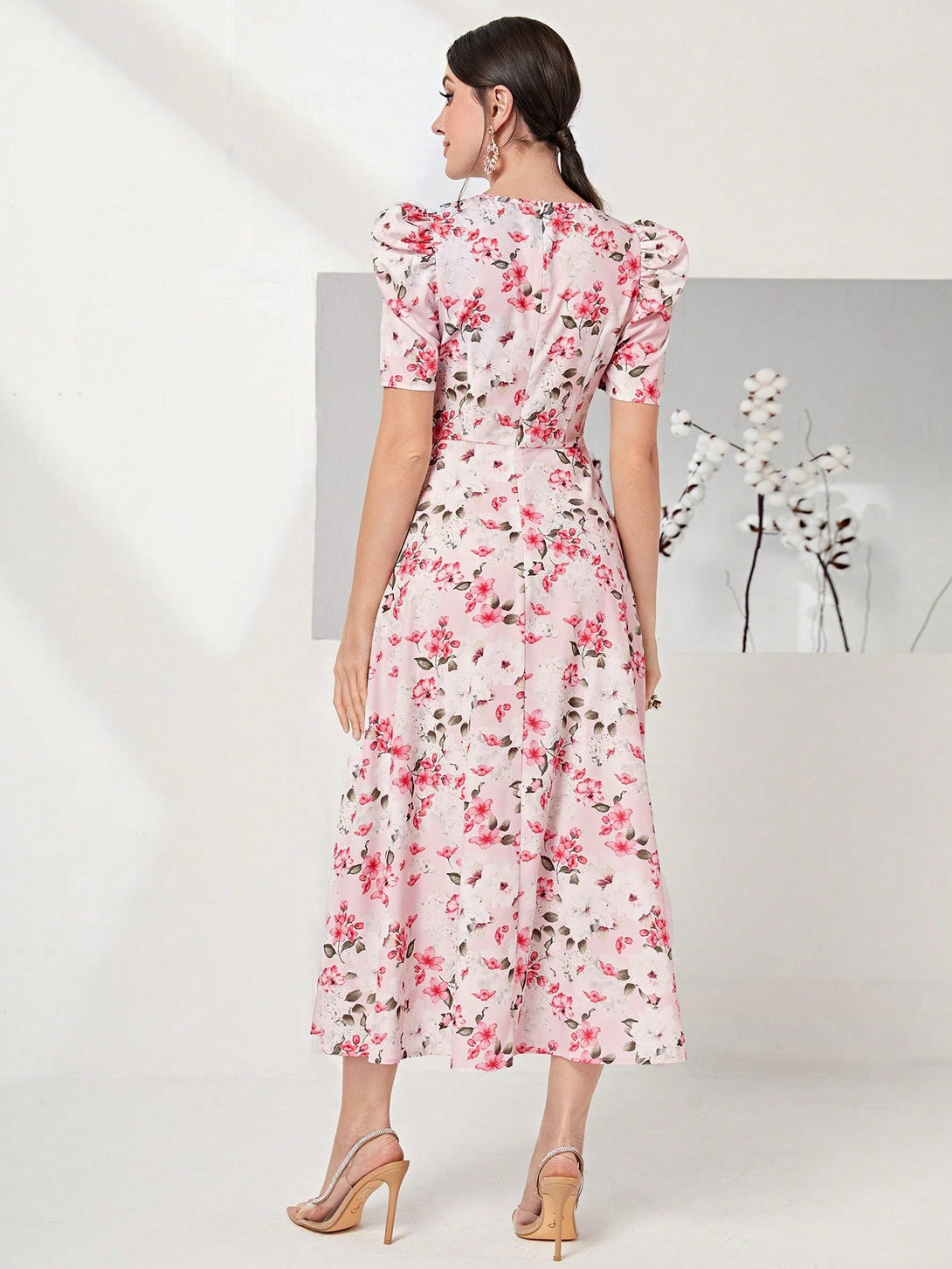 SHEIN Allover Floral Print Puff Sleeve Belted Dress - Negative Apparel