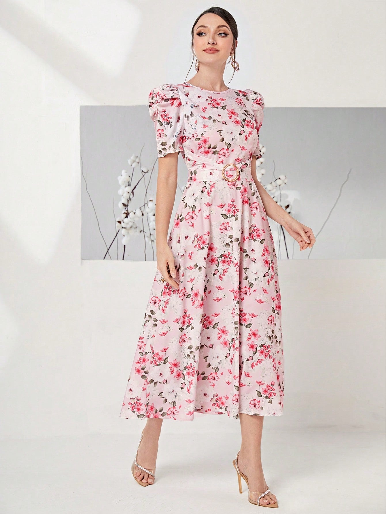 SHEIN Shirred Frill Floral Print Chiffon Dress  Floral print chiffon  dress, Floral dress design, Floral print gowns