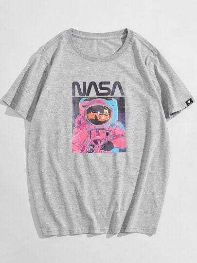SHEIN Astronaut Print Drop Shoulder Grey Tee - Negative Apparel