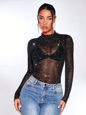 SHEIN BAE Lettuce Edge Glitter Mesh Top Without Bra - Negative Apparel