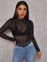 SHEIN BAE Lettuce Edge Glitter Mesh Top Without Bra - Negative Apparel