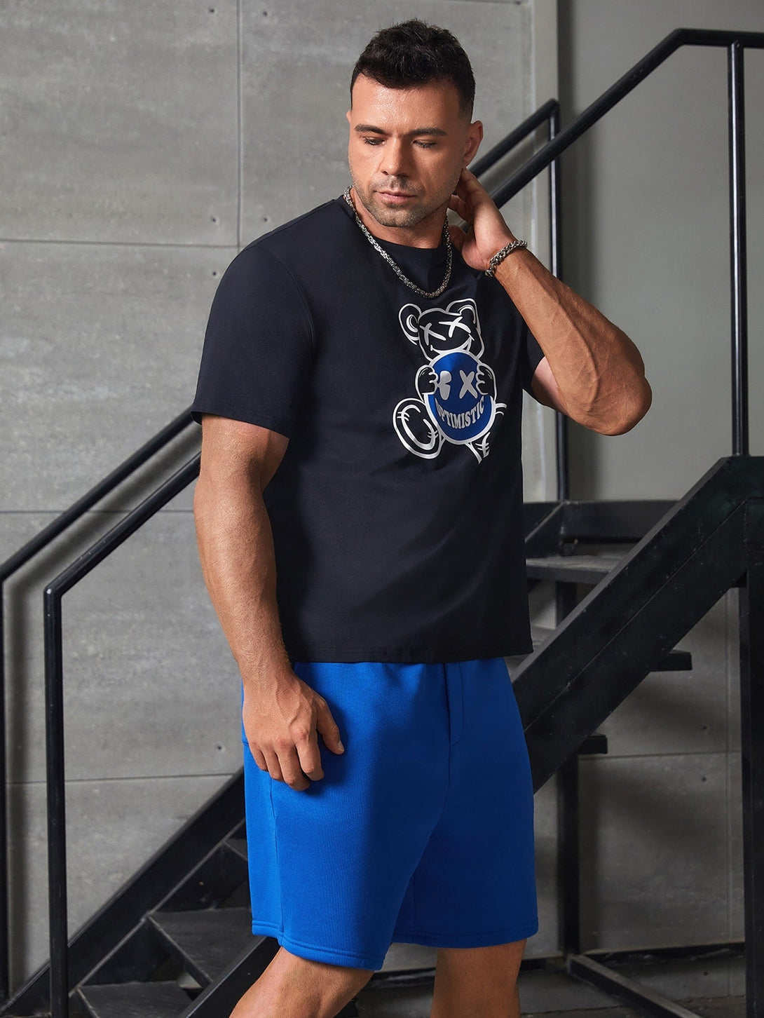 SHEIN Bear Graphic Print Tee & Shorts - Negative Apparel
