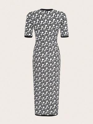 SHEIN BIZwear Allover Geo Print Contrast Binding Bodycon Dress Workwear - Negative Apparel