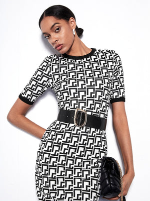 SHEIN BIZwear Allover Geo Print Contrast Binding Bodycon Dress Workwear - Negative Apparel