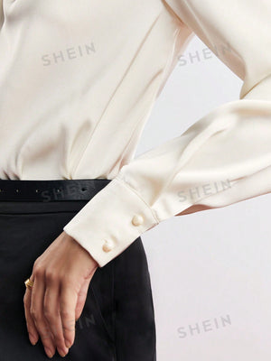 SHEIN BIZwear Solid Keyhole Back Fold Pleated Detail Blouse - Negative Apparel