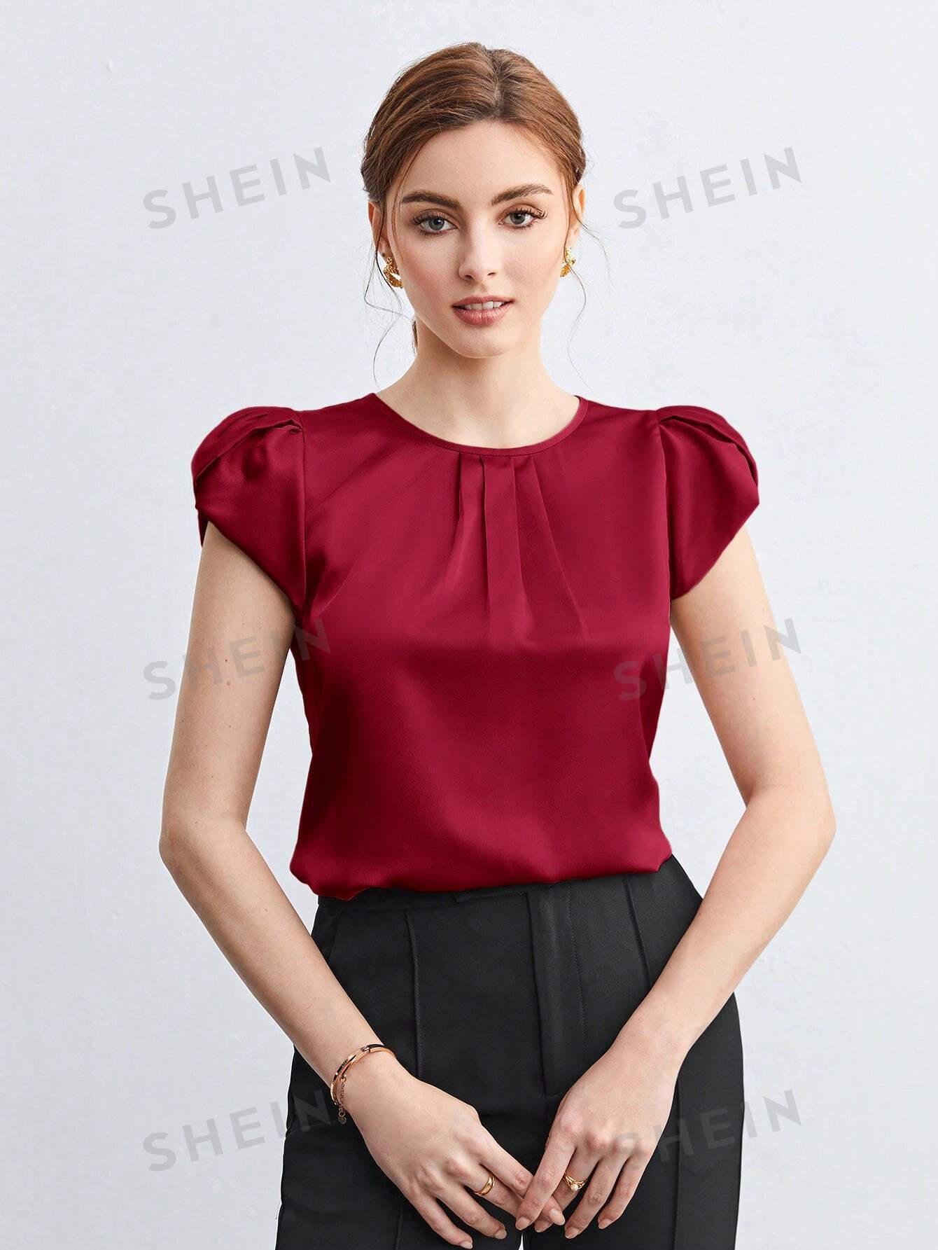 SHEIN BIZwear Solid Petal Sleeve Blouse - Negative Apparel
