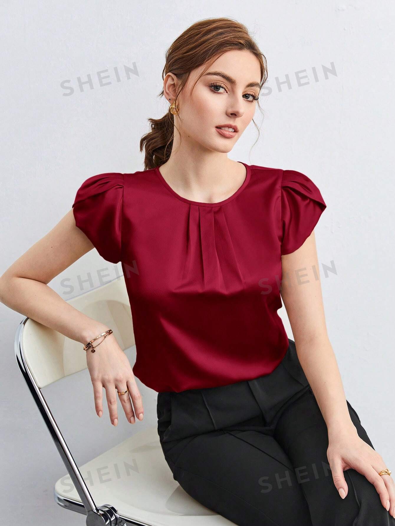 SHEIN BIZwear Solid Petal Sleeve Blouse - Negative Apparel