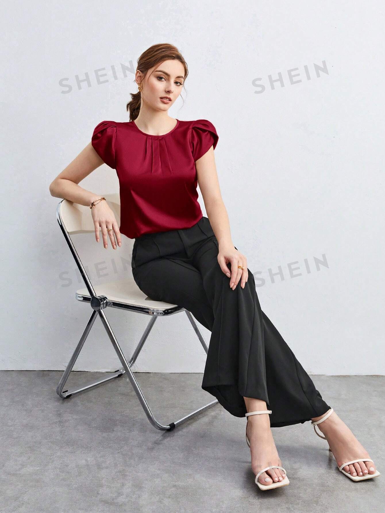 SHEIN BIZwear Solid Petal Sleeve Blouse - Negative Apparel