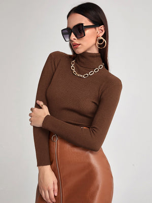 SHEIN BIZwear Turtleneck Ribbed Knit Sweater Workwear - Negative Apparel