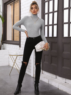 SHEIN BIZwear Turtleneck Ribbed Knit Sweater Workwear - Negative Apparel