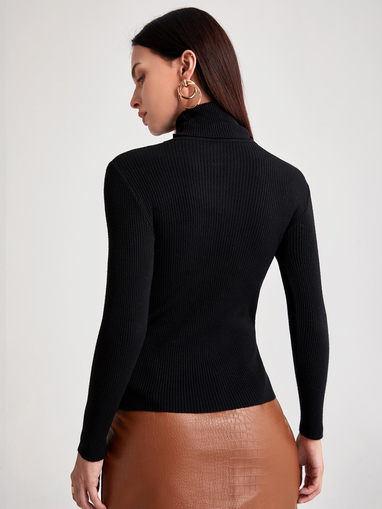 SHEIN BIZwear Turtleneck Ribbed Knit Sweater Workwear - Negative Apparel