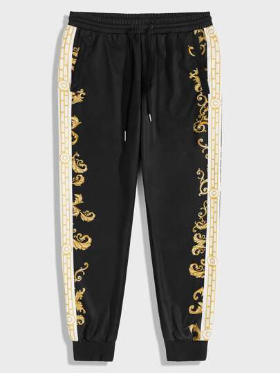 SHEIN Black & Gold Embellishment Drawstring Pants - Negative Apparel