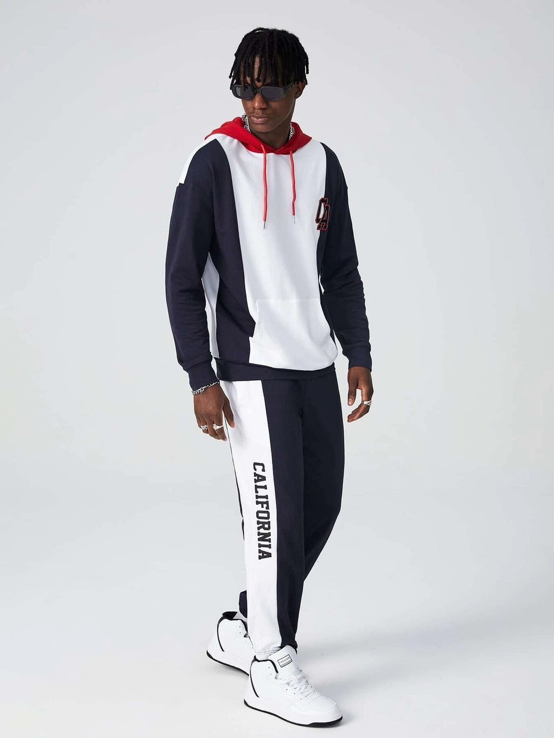 SHEIN Cali Letter Embroidered Colorblock Hoodie And Jogger pant Set - Negative Apparel