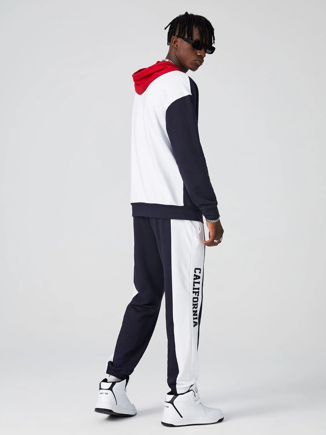 SHEIN Cali Letter Embroidered Colorblock Hoodie And Jogger pant Set - Negative Apparel
