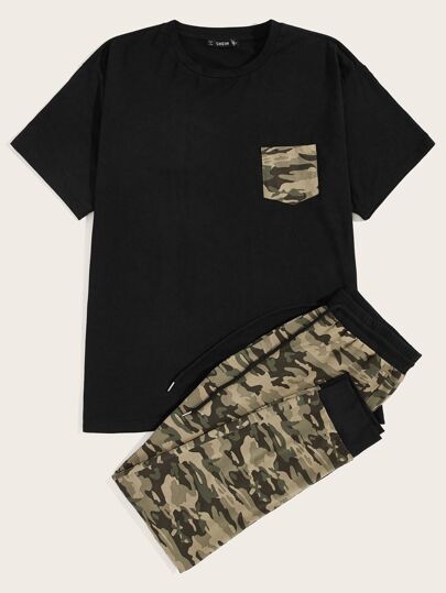SHEIN Camouflage Pattern Contrast Tee and Drawstring Jogger Pants - Negative Apparel