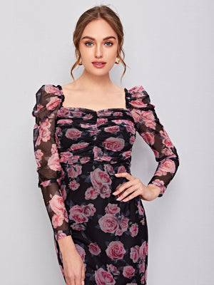 SHEIN Clasi Ruched Detail Gigot Sleeve Floral Mesh Dress - Negative Apparel