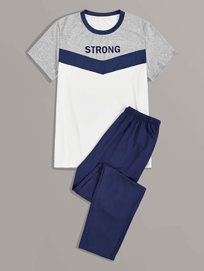 SHEIN Color Block Slogan Print Tee & Sweatpants Set - Negative Apparel