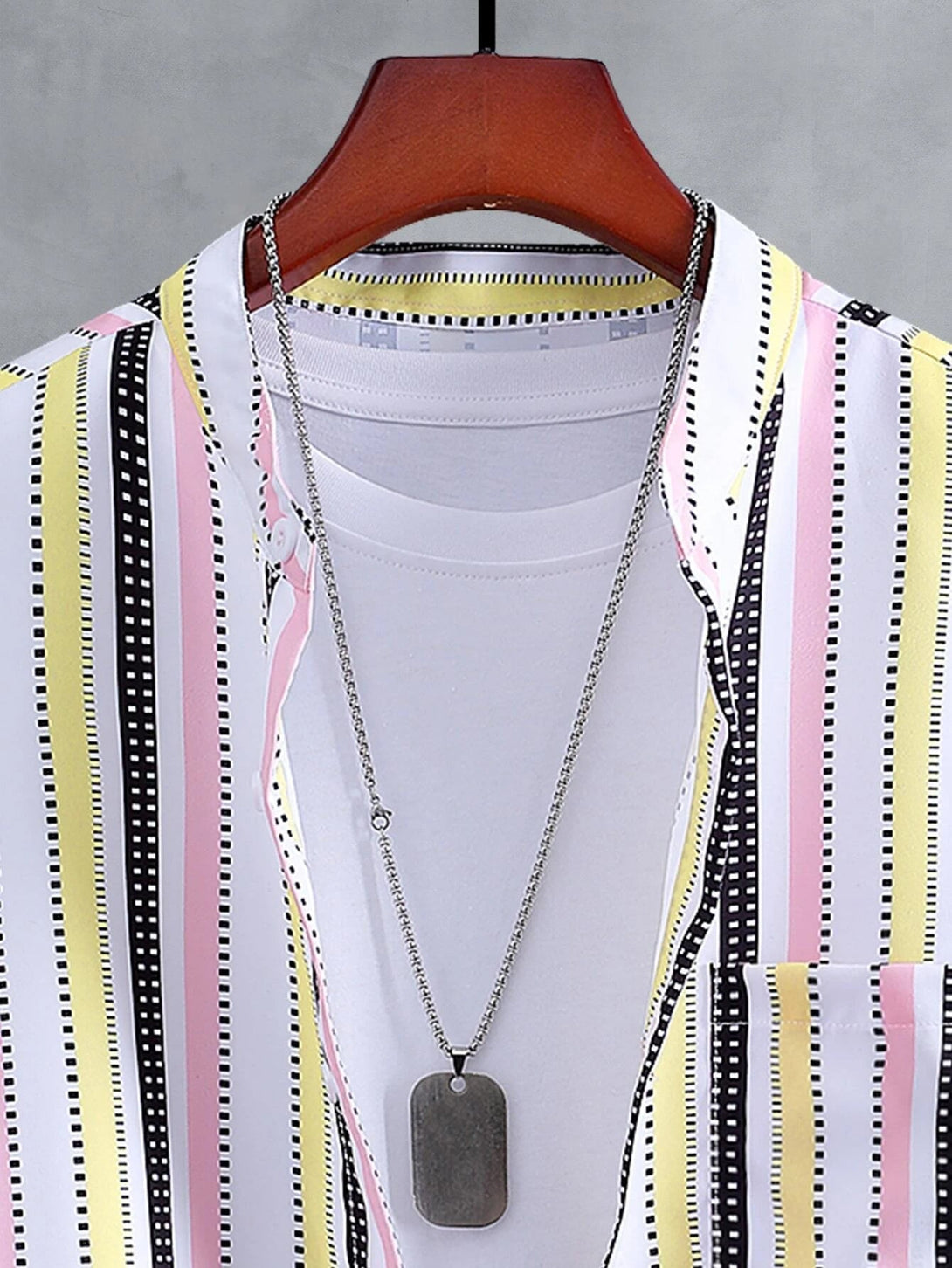 SHEIN Color Block Striped Print Pocket Patched Shirt 1pc - Negative Apparel