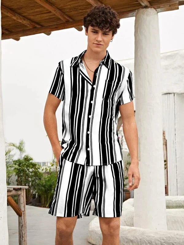 SHEIN Color Block Striped Two-piece Outfit Set - Negative Apparel