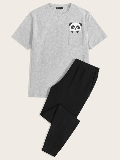 SHEIN Contrast Color Panda Print Tee & Drawstring Sweatpants - Negative Apparel