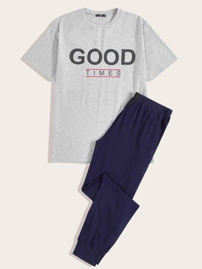 SHEIN Contrast Print Slogan Grey Tee & Blue Pant - Negative Apparel