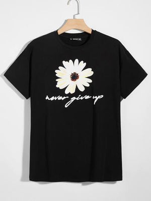 SHEIN Daisy and Slogan Graphic Drop Shoulder Tee - Negative Apparel