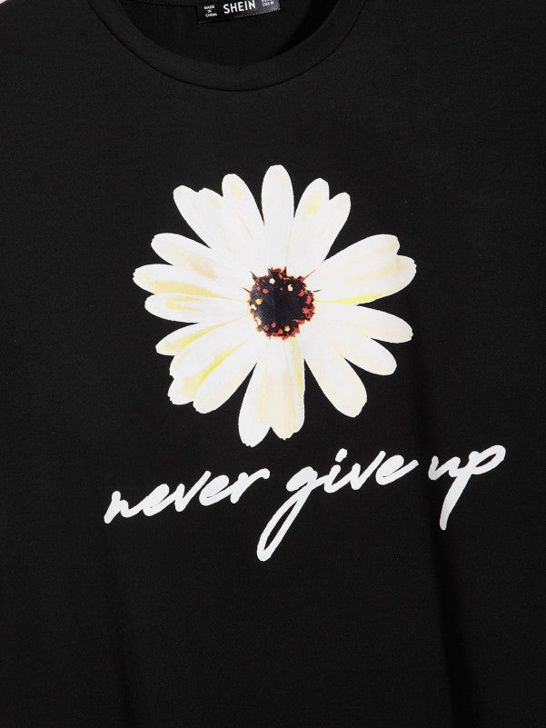 SHEIN Daisy and Slogan Graphic Drop Shoulder Tee - Negative Apparel