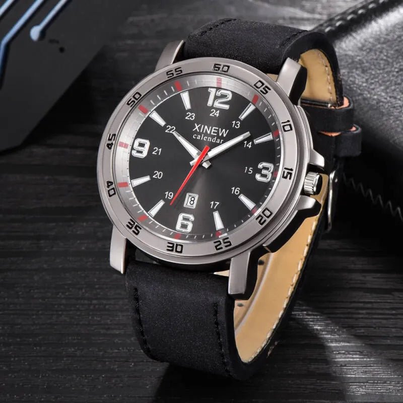 SHEIN Date Display Leather Stainless Steel Simple Design Analog Quartz Wrist Watch - Negative Apparel