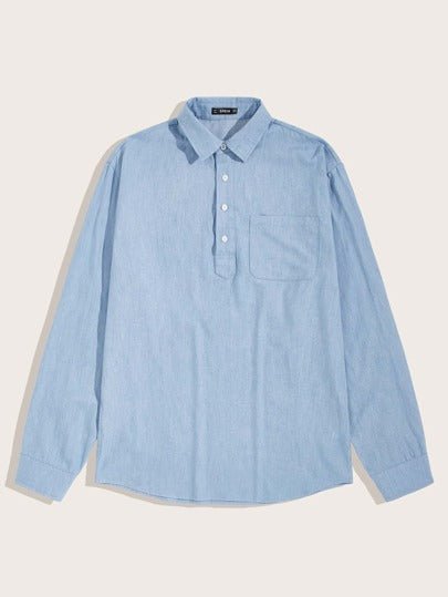SHEIN Denim Half-Button Pocket Full Sleeve Polo Shirt - Negative Apparel