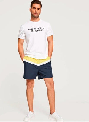 SHEIN Drawstring Waist Color-block Shorts - Negative Apparel