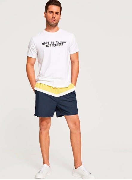 SHEIN Drawstring Waist Color-block Shorts - Negative Apparel