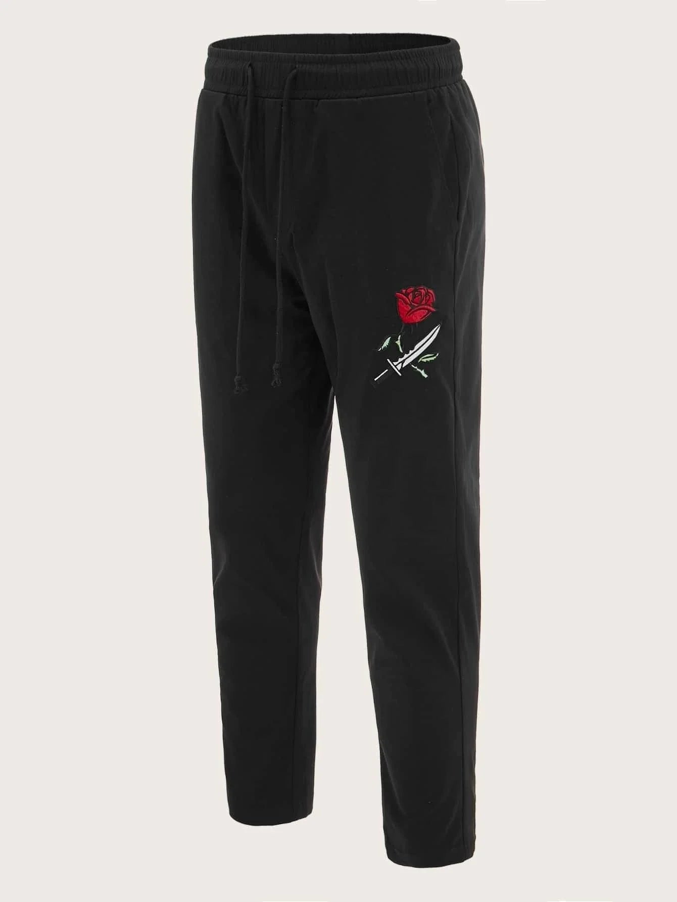SHEIN Drawstring Waist Embroidered Rose and Knife Pants - Negative Apparel