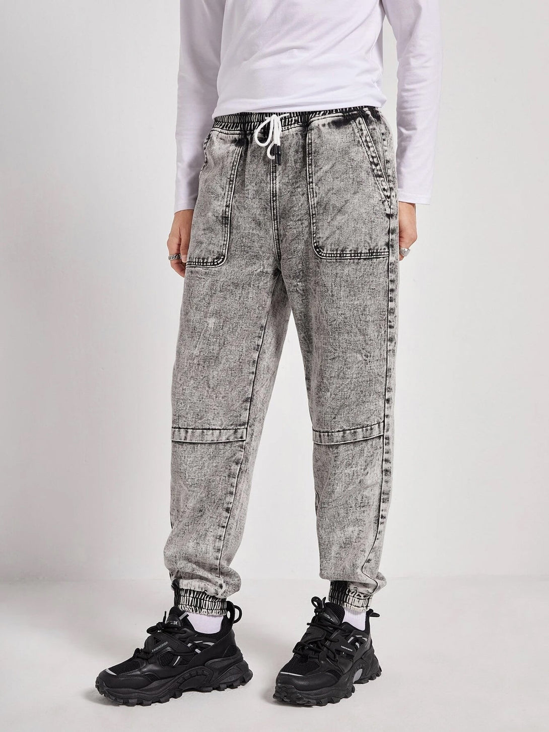 SHEIN Drawstring Waist Slant Pocket Jeans - Negative Apparel