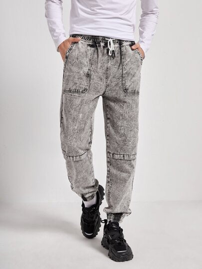 SHEIN Drawstring Waist Slant Pocket Jeans - Negative Apparel
