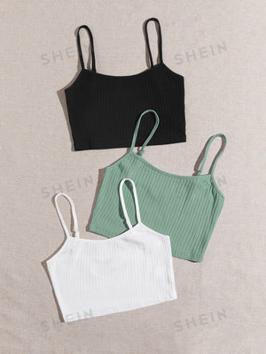 SHEIN EZwear Summer3 Pack Rib-Knit Crop Cami Top - Negative Apparel