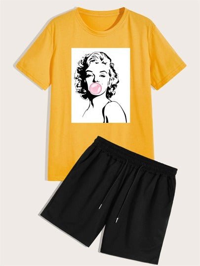 SHEIN Figure Print Tee & Drawstring Waist Shorts - Negative Apparel