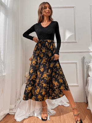 SHEIN Floral Print Belted A-line Dress - Negative Apparel