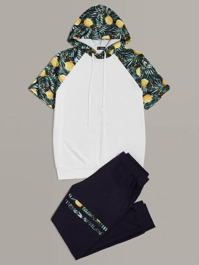 SHEIN Floral Print Cotton Short Sleeve Drawstring Hoodie & Sweatpants - Negative Apparel