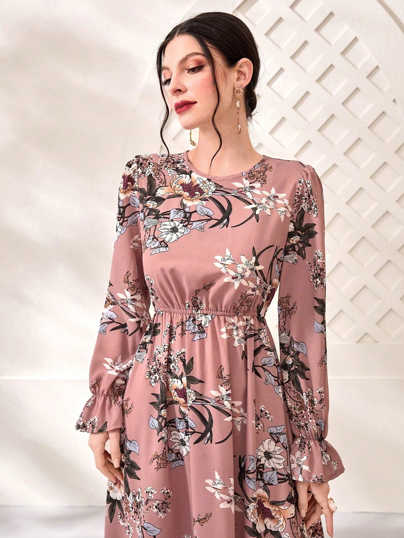SHEIN Floral Print Flare Sleeve Dress - Negative Apparel