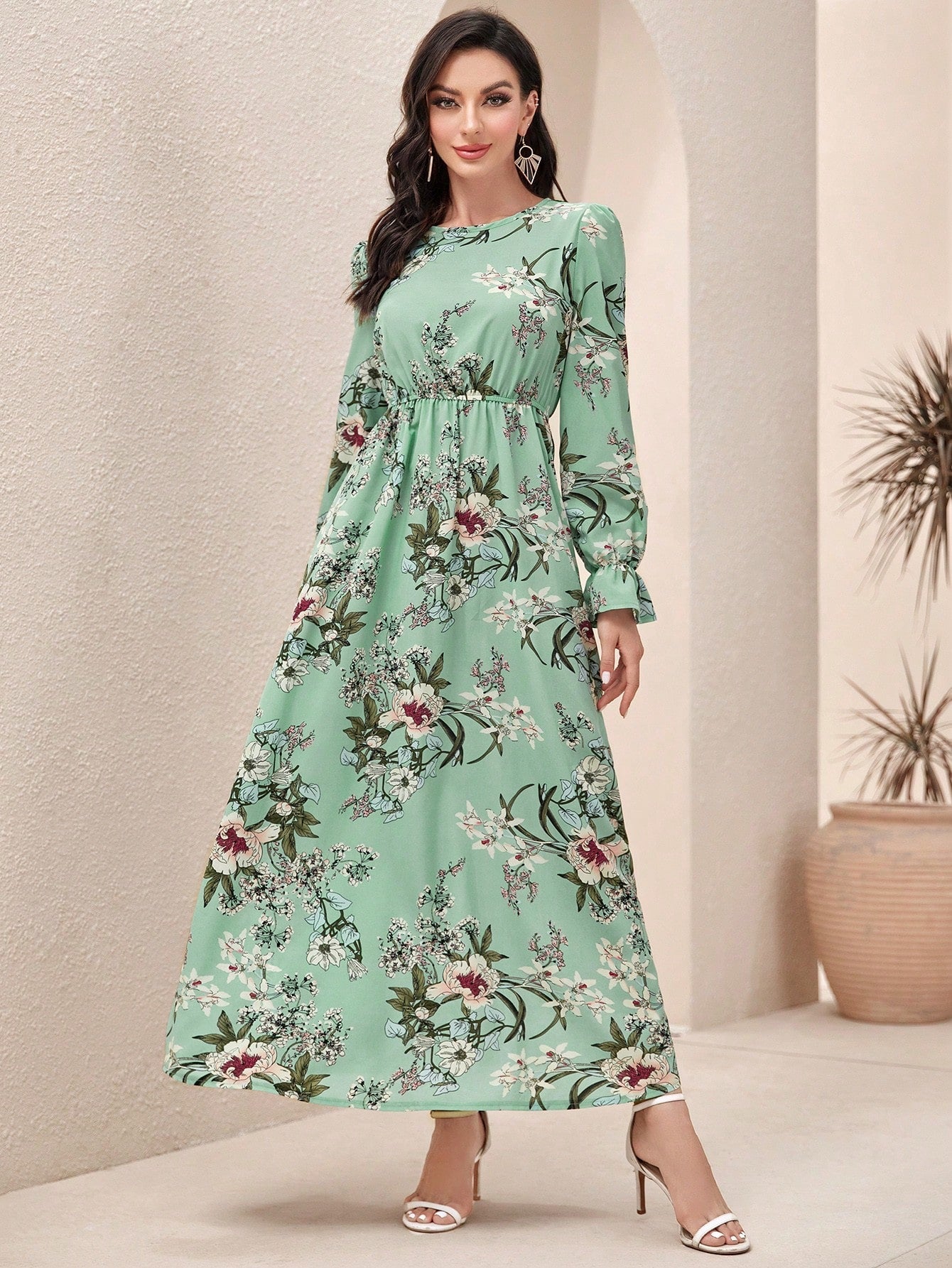 SHEIN Floral Print Flounce Sleeve A-line Dress - Negative Apparel
