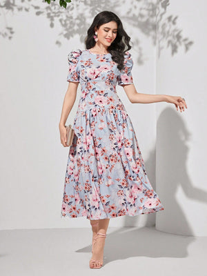 SHEIN Floral Print Puff Sleeve Dress - Negative Apparel