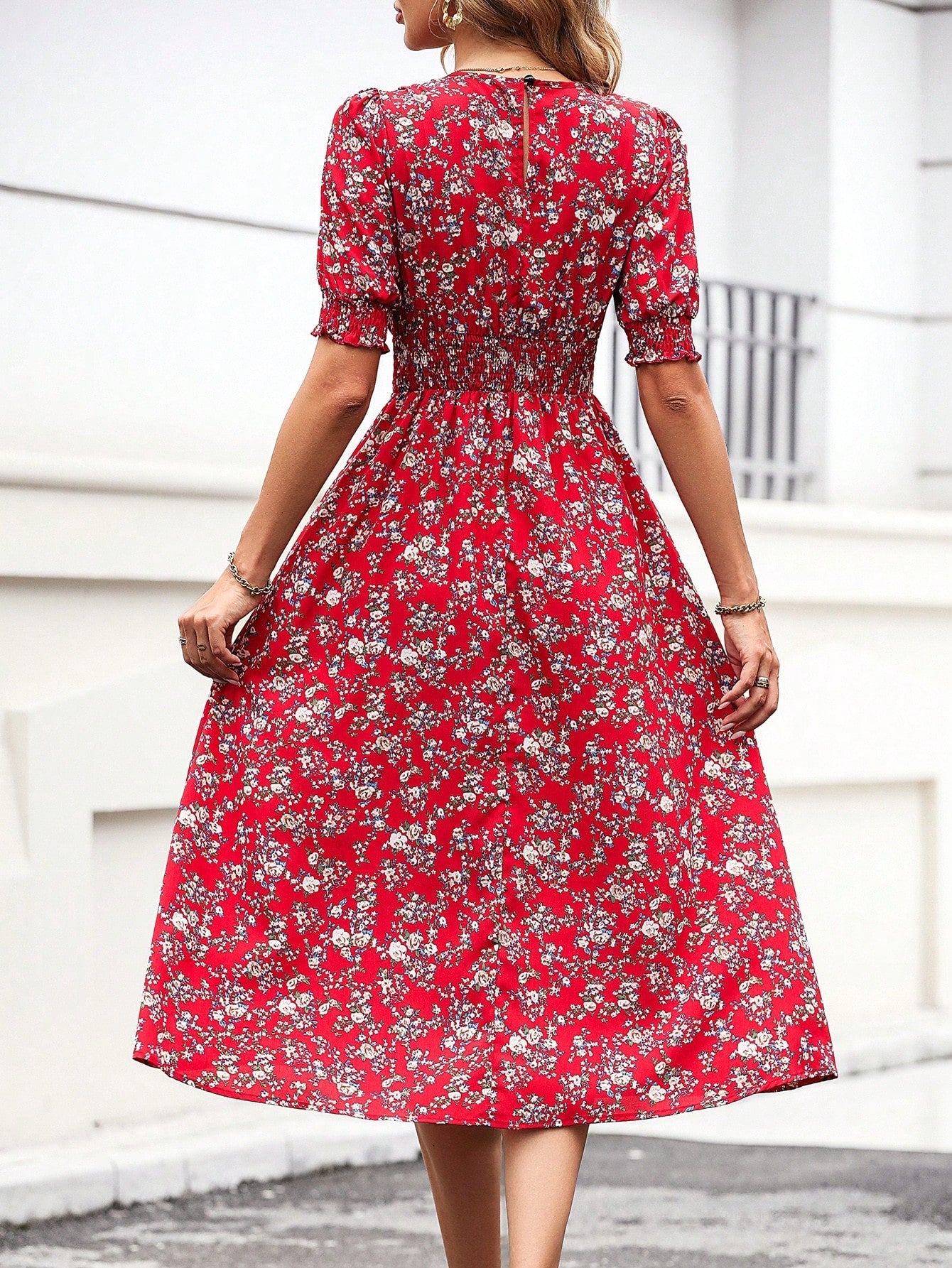 SHEIN NEWNESS Floral Print Puff Sleeve Belted Dress